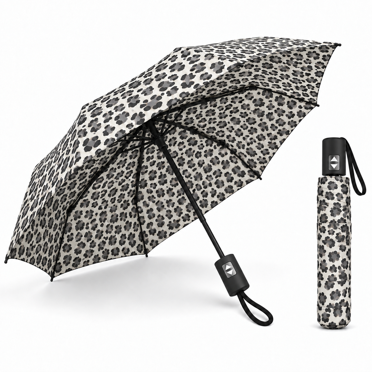 Home Universal® Paraguas Automático Plegable Grande, Compacto y Resistente, para Lluvia y Sol (Automático Apertura y Cierre (Leopardo Gris))