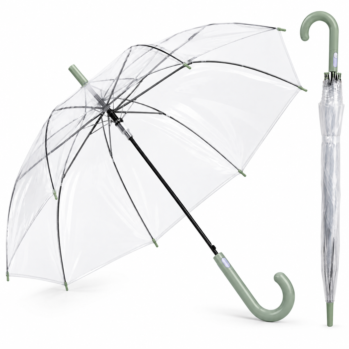 Home Universal® Paraguas Transparente Grande 120 cm, Paraguas de Cúpula con Mango Curvo, Apertura Semiautomática (Verde)