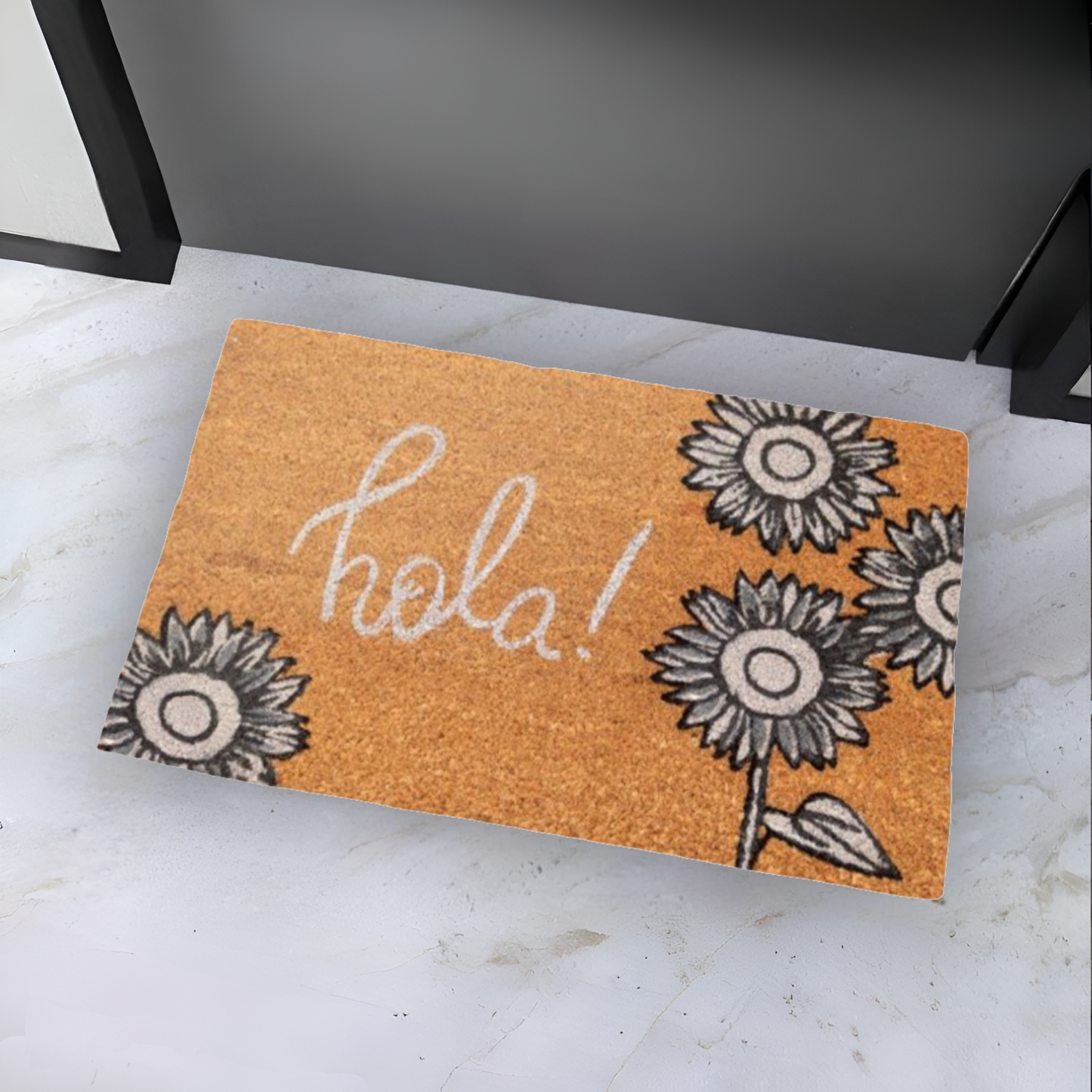 Home Universal ® Felpudos 60x40CM Fibra de Coco | Base Antideslizante de Caucho | Apto para el Exterior (Hola! · Girasol)