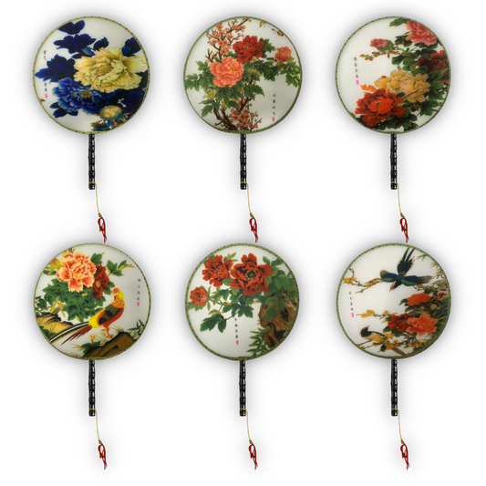 Home Universal® Abanico Redondo Chino - Imprimido de una Sola Cara – Abanico Clásico de Seda Translúcido y Sedoso con Patrón Floral y Mango de Madera – Estilo Oriental Antiguo Decorativo para Hogar o Regalo (6 Unidades)