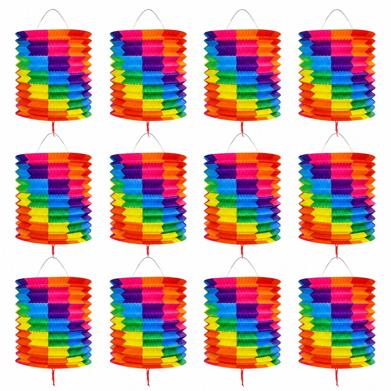 Home Universal® 12 Farolillos Japoneses de Papel, Decoración Colgante Multicolor para Cumpleaños, Bodas, Jardín y Celebraciones (Farolillo Cilíndrico Arcoíris)