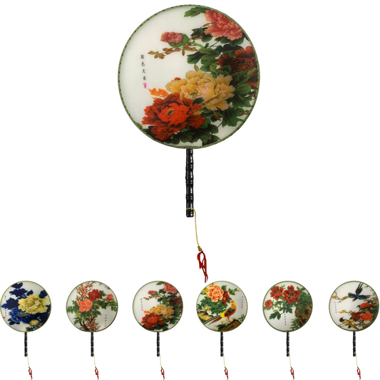 Home Universal® Abanico Redondo Chino - Imprimido de una Sola Cara – Abanico Clásico de Seda Translúcido y Sedoso con Patrón Floral y Mango de Madera – Estilo Oriental Antiguo Decorativo para Hogar o Regalo (Peonías Rojas Imperiales)