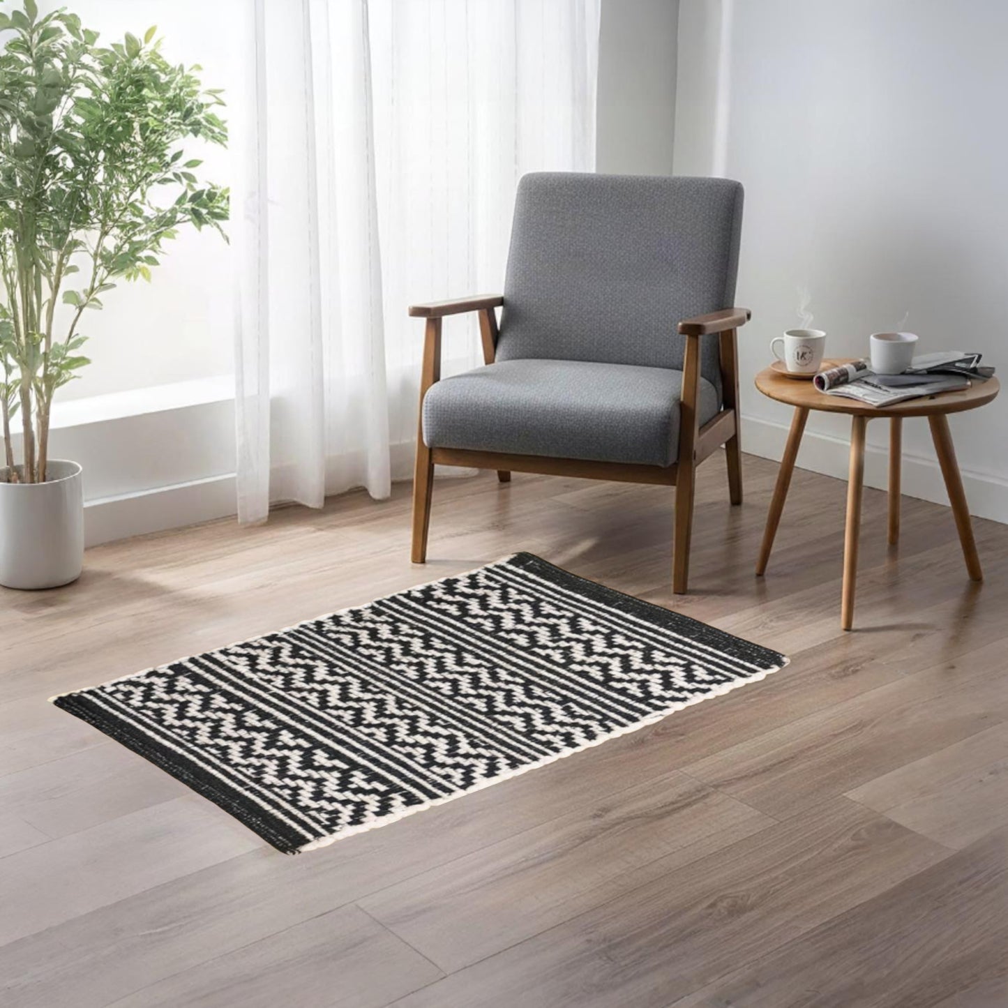 Home Universal® Alfombra Jarapa de Algodón Lavable | Diseño Geométrico Artesanal | Decoración Boho Mediterránea para Salón, Dormitorio, Pasillo y Cocina | Suave, Ligera y Resistente | Negro (Rayas y Zigzag)