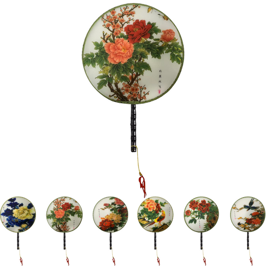 Home Universal® Abanico Redondo Chino - Imprimido de una Sola Cara – Abanico Clásico de Seda Translúcido y Sedoso con Patrón Floral y Mango de Madera – Estilo Oriental Antiguo Decorativo para Hogar o Regalo (Peonías Coral en Flor)