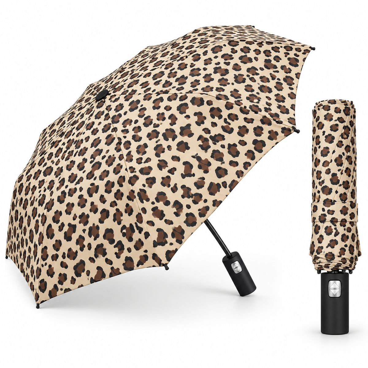 Home Universal® Paraguas Automático Plegable Grande, Compacto y Resistente, para Lluvia y Sol (Automático Apertura y Cierre (Leopardo Beige))