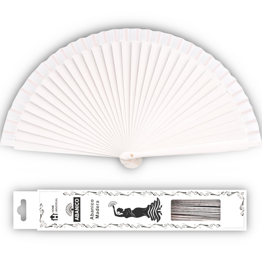 Home Universal ® Abanico Madera Español con Tela Lisa 23cm, Detalles para los Invitados, Regalos de Boda, Fiestas, Comuniones y Otros Eventos (Blanco)