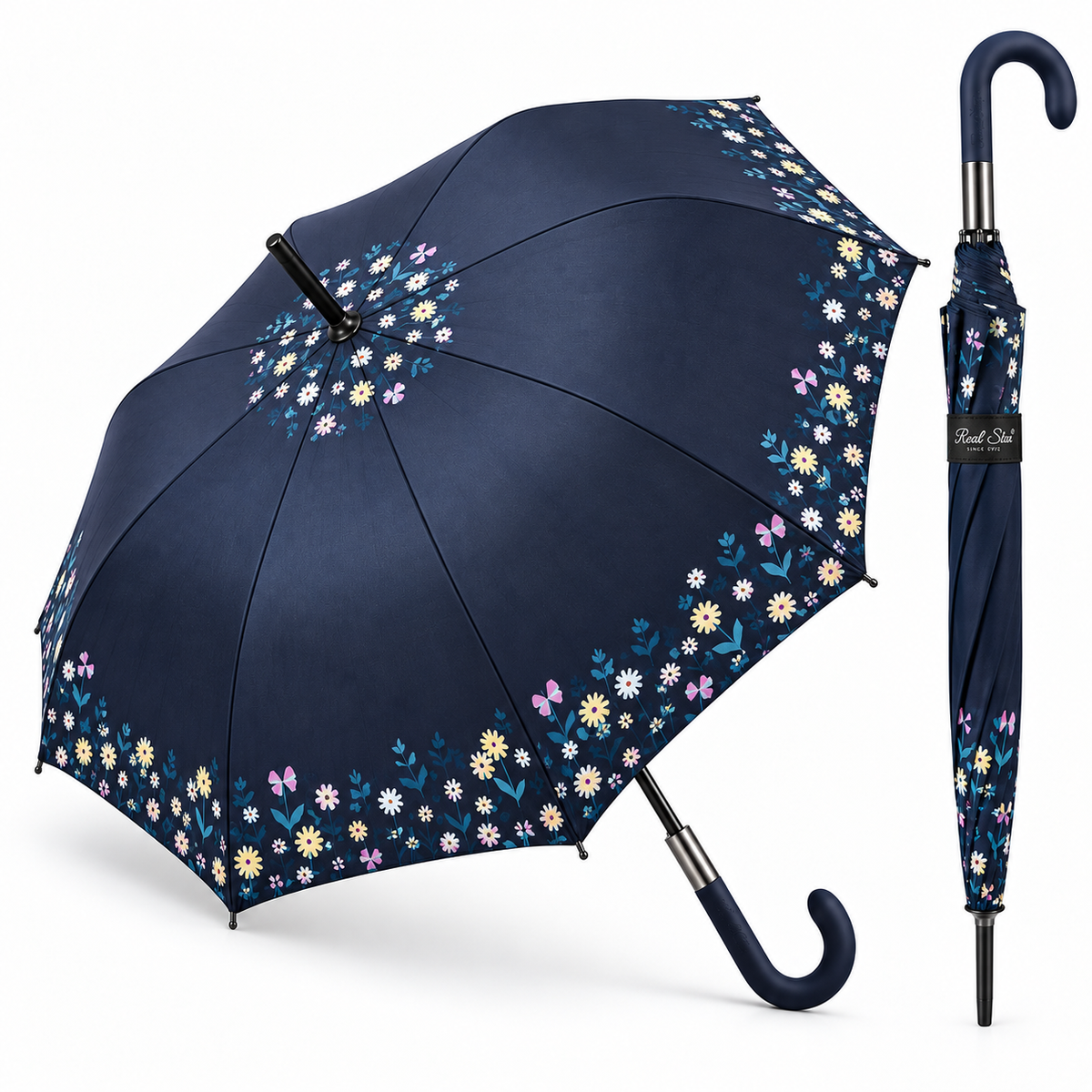 Home Universal® Paraguas Grande Semiautomático, Paraguas Largo Resistente al Viento con Mango Curvo para Mujer y Hombre (Azul Jardín)