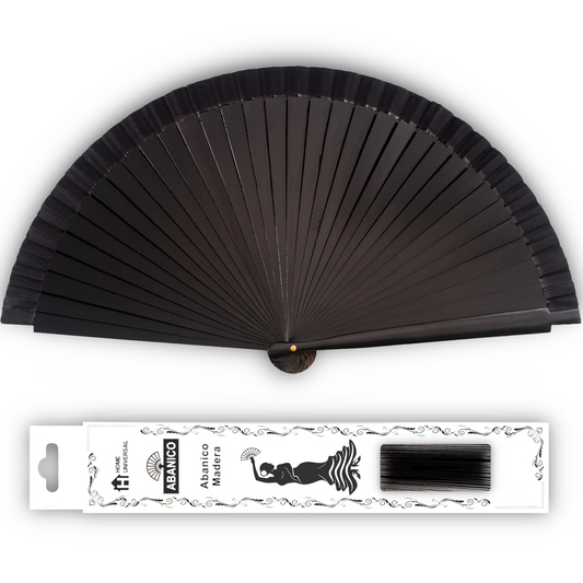 Home Universal ® Abanico Madera Español con Tela Lisa 23cm, Detalles para los Invitados, Regalos de Boda, Fiestas, Comuniones y Otros Eventos (Negro)