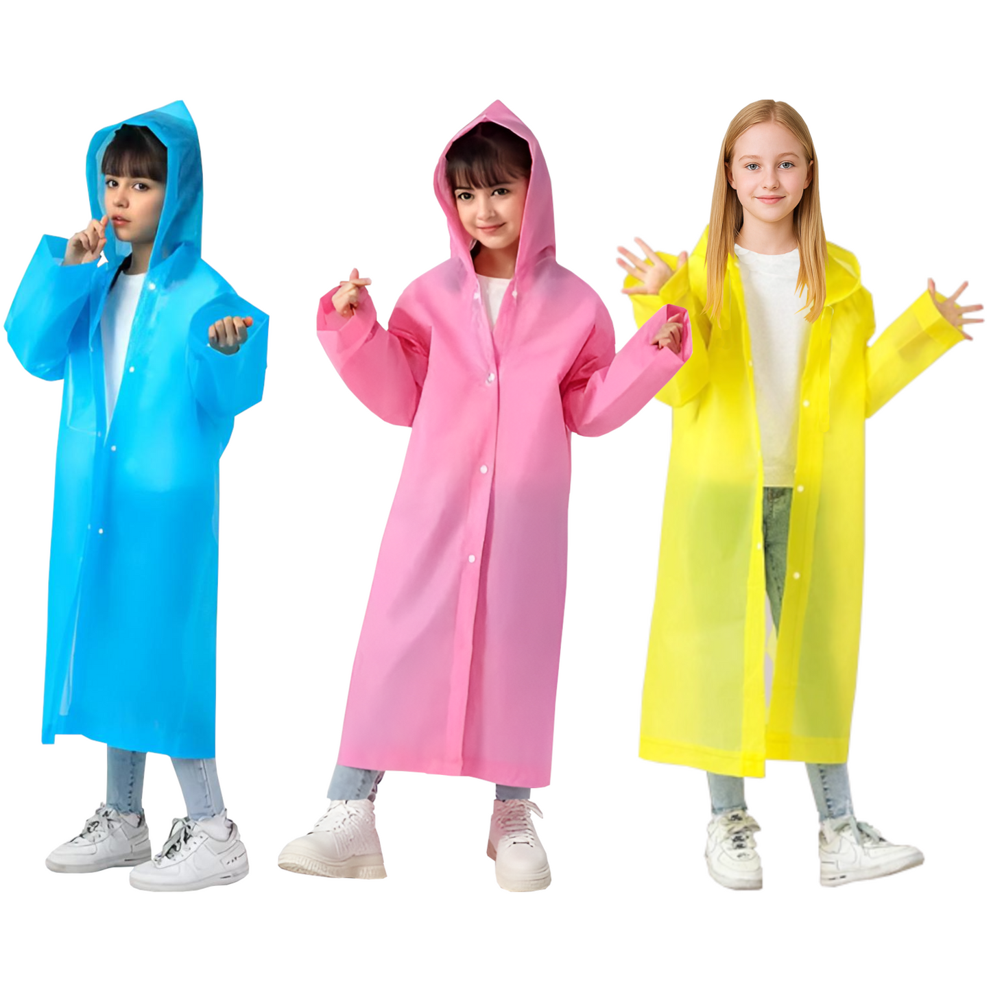 Home Universal® Chubasquero Impermeable Unisex - Material Ligero, con Capucha Ajustable, Plegable, Reutilizable (3 Unidades, Azul, Rosa y Amarillo - Niño (115X55CM))