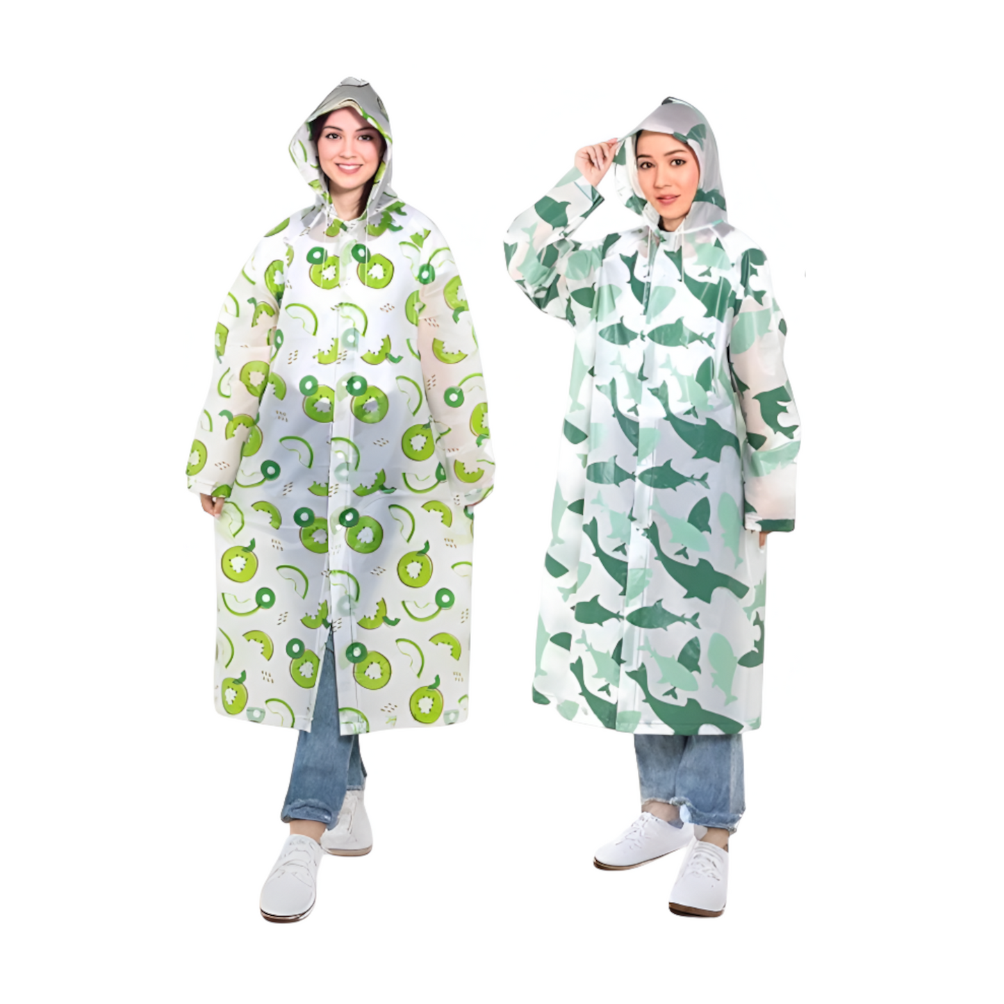 Home Universal® Chubasquero Impermeable Unisex - Material Ligero, con Capucha Ajustable, Plegable, Reutilizable (2 Unidades, Kiwi y Tiburón - Adulto (138X65CM))