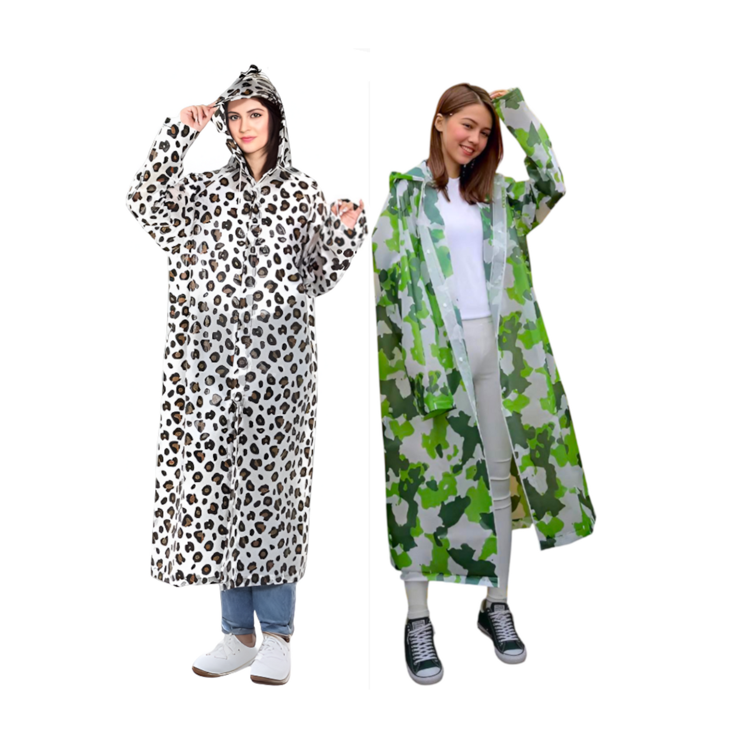 Home Universal® Chubasquero Impermeable Unisex - Material Ligero, con Capucha Ajustable, Plegable, Reutilizable (2 Unidades, Leopardo y Militar - Adulto (138X65CM))