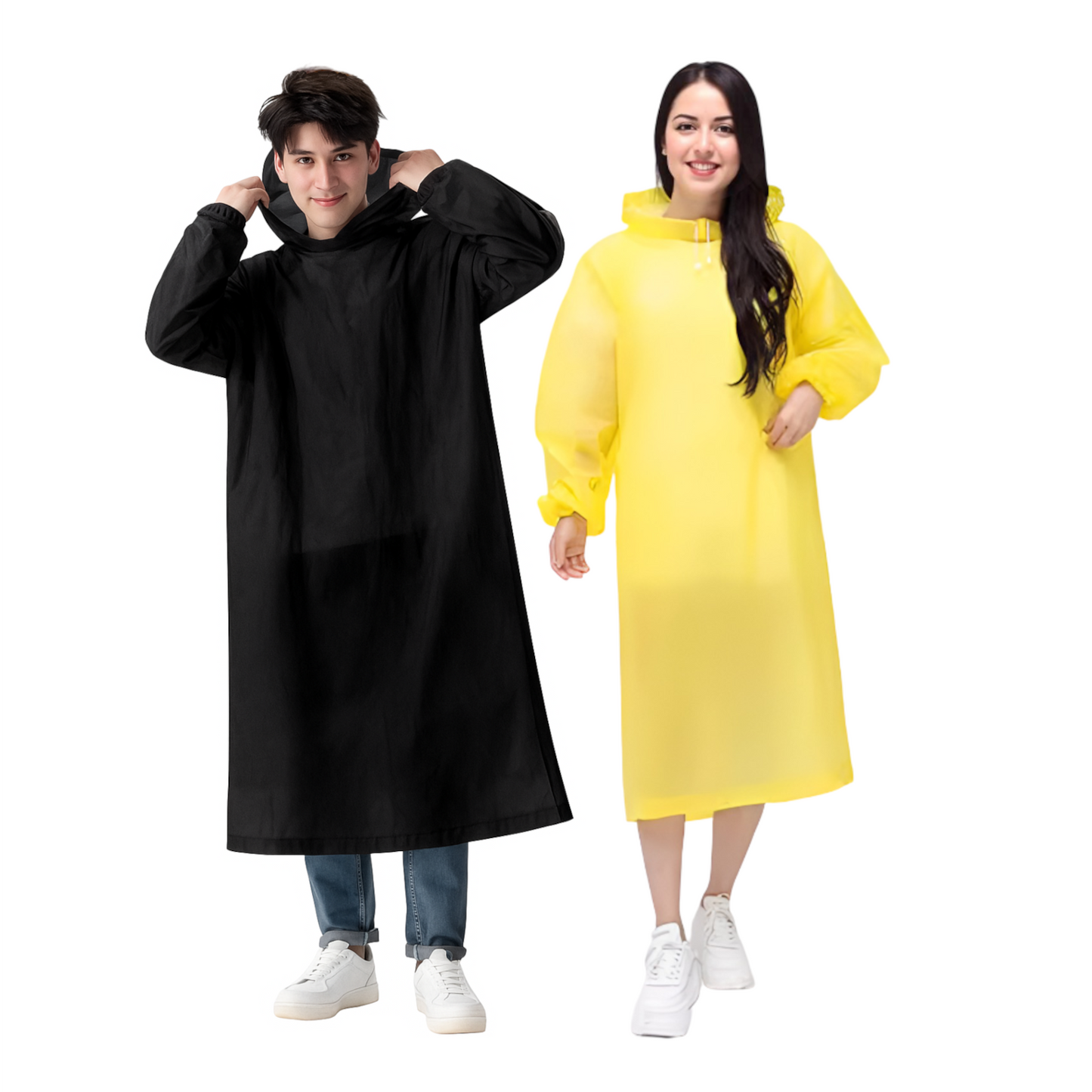 Home Universal® Chubasquero Impermeable Unisex - Material Ligero, con Capucha Ajustable, Plegable, Reutilizable (2 Unidades, Negro y Amarillo - Adulto (145X85CM))