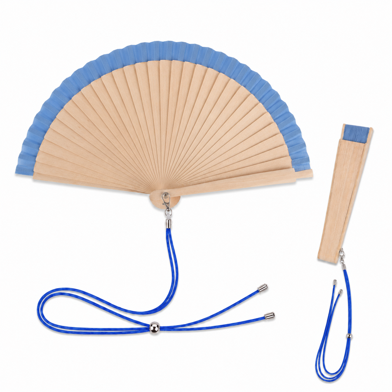 Home Universal® Pack de 1/2 Abanicos de Madera Lacados, Disponibles en Varios Colores y Tamaños, Abanico Flamenco Español para Bodas, Ferias, Fiestas, Comuniones y Eventos (19 cm, Madera y Azul)