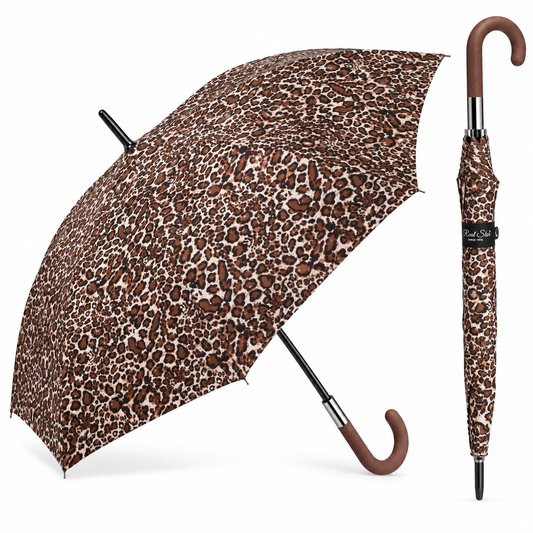 Home Universal® Paraguas Grande Semiautomático, Paraguas Largo Resistente al Viento con Mango Curvo para Mujer y Hombre (Leopardo Marrón)