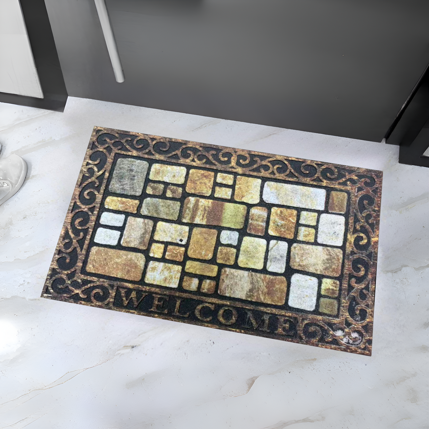 Home Universal® Felpudo de Goma Antideslizante para Exterior y interior – Resistente a Lluvia y Barro, Limpia Zapatos, Alta Durabilidad – Varias Medidas, 40X60CM, WELCOME (Mosaico Rústico con Marco)