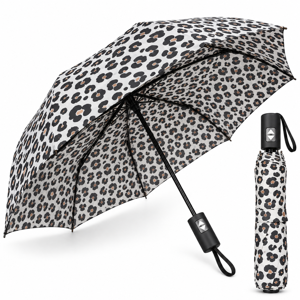 Home Universal® Paraguas Automático Plegable Grande, Compacto y Resistente, para Lluvia y Sol (Automático Apertura y Cierre (Leopardo Blanco Negro))