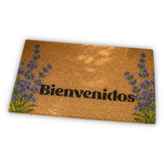 Home Universal ® Felpudos 60x40CM Fibra de Coco | Base Antideslizante de Caucho | Apto para el Exterior (Lavanda Bienvenidos)