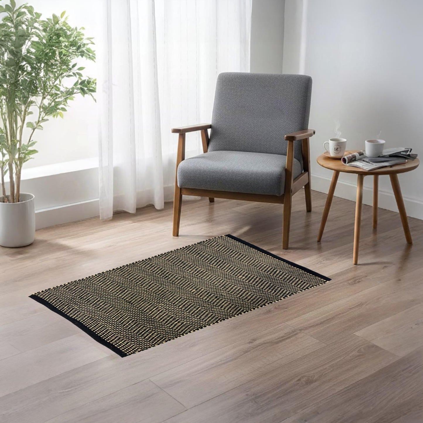 Home Universal® Alfombra Jarapa de Algodón Lavable | Diseño Geométrico Artesanal | Decoración Boho Mediterránea para Salón, Dormitorio, Pasillo y Cocina | Suave, Ligera y Resistente | Zigzag Ébano