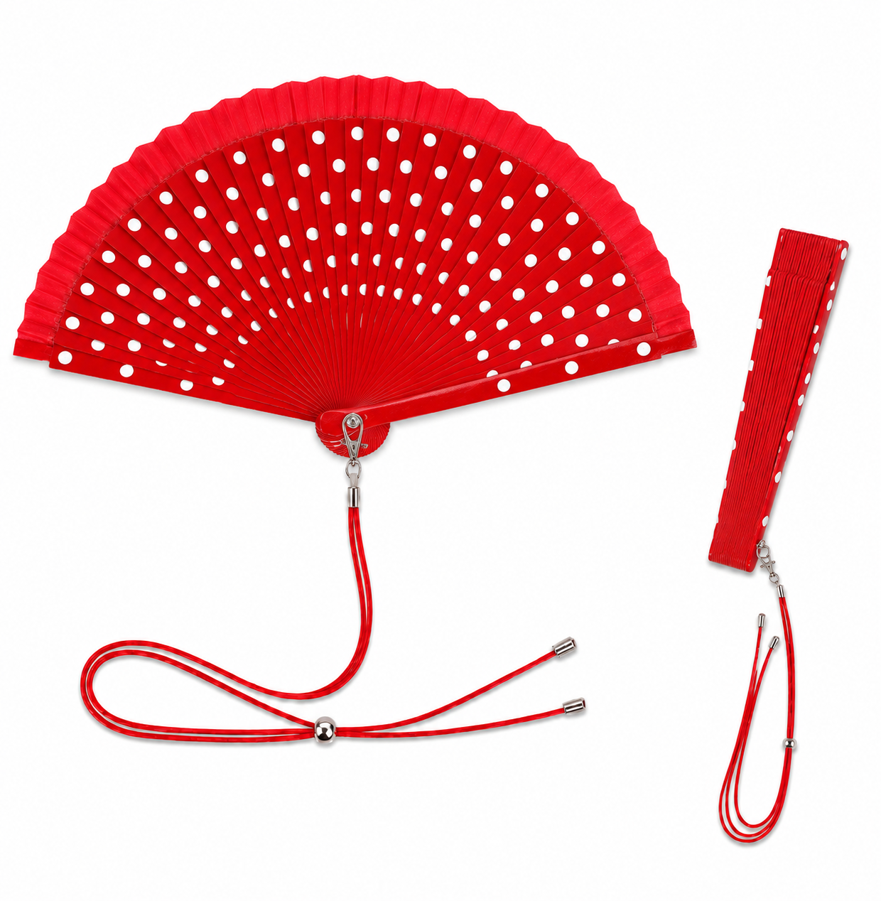 Home Universal® Pack de 1/2 Abanicos de Madera Lacados, Disponibles en Varios Colores y Tamaños, Abanico Flamenco Español para Bodas, Ferias, Fiestas, Comuniones y Eventos (19 cm, Rojo Con Lunar Blanco)