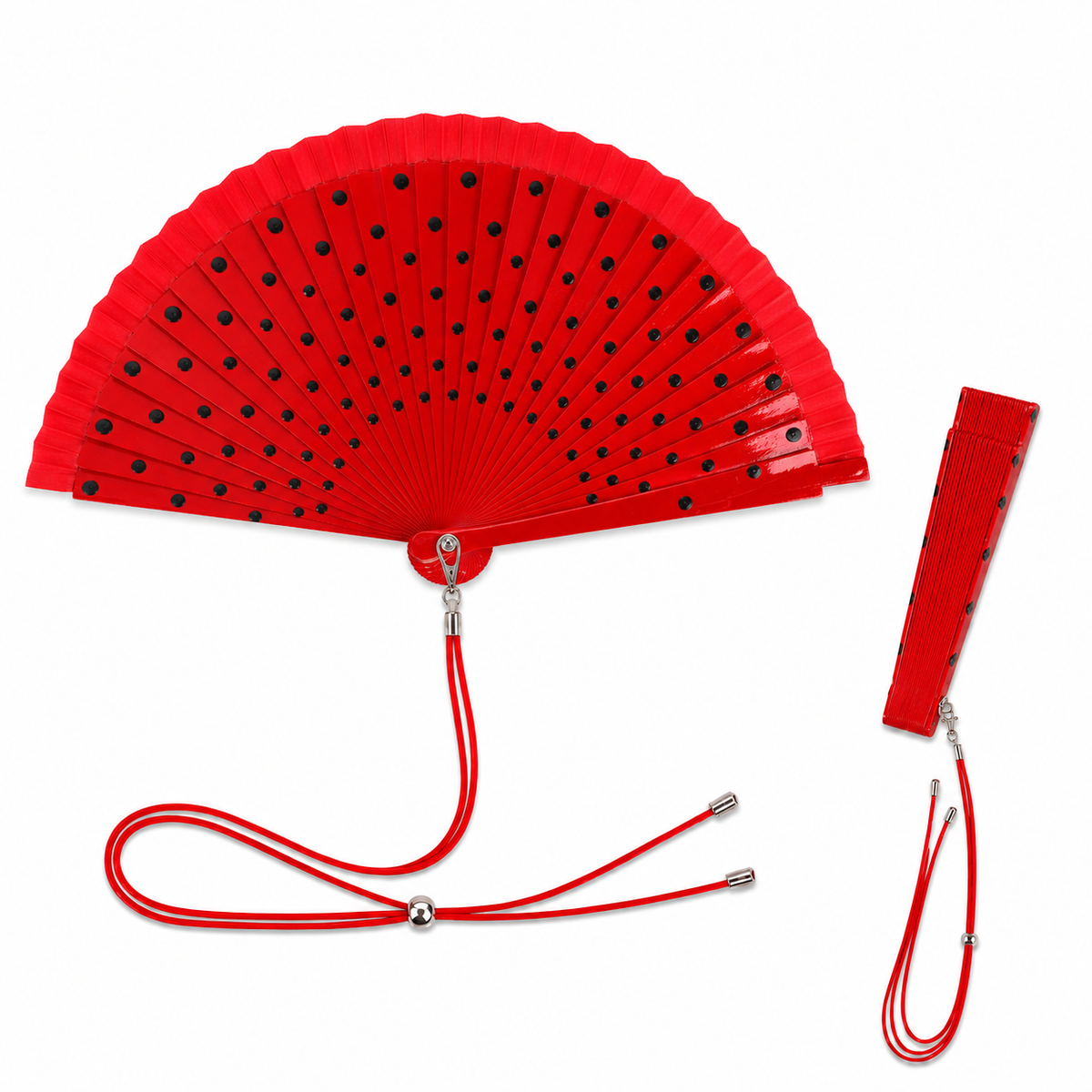 Home Universal® Pack de 1/2 Abanicos de Madera Lacados, Disponibles en Varios Colores y Tamaños, Abanico Flamenco Español para Bodas, Ferias, Fiestas, Comuniones y Eventos (19 cm, Rojo Con Lunar Negro)