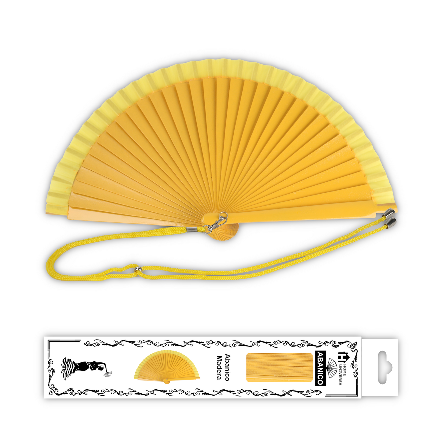 Home Universal® Pack de 1/2 Abanicos de Madera Lacados, Disponibles en Varios Colores y Tamaños, Abanico Flamenco Español para Bodas, Ferias, Fiestas, Comuniones y Eventos (23 cm, Amarillo)