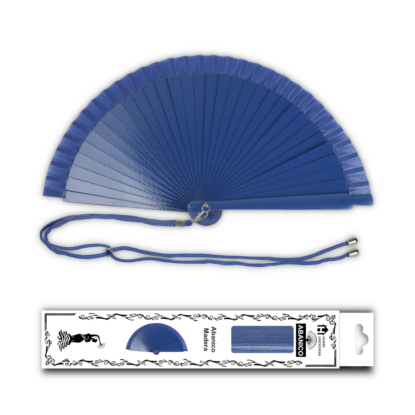 Home Universal® Pack de 1/2 Abanicos de Madera Lacados, Disponibles en Varios Colores y Tamaños, Abanico Flamenco Español para Bodas, Ferias, Fiestas, Comuniones y Eventos (23 cm, Azul Oscuro)