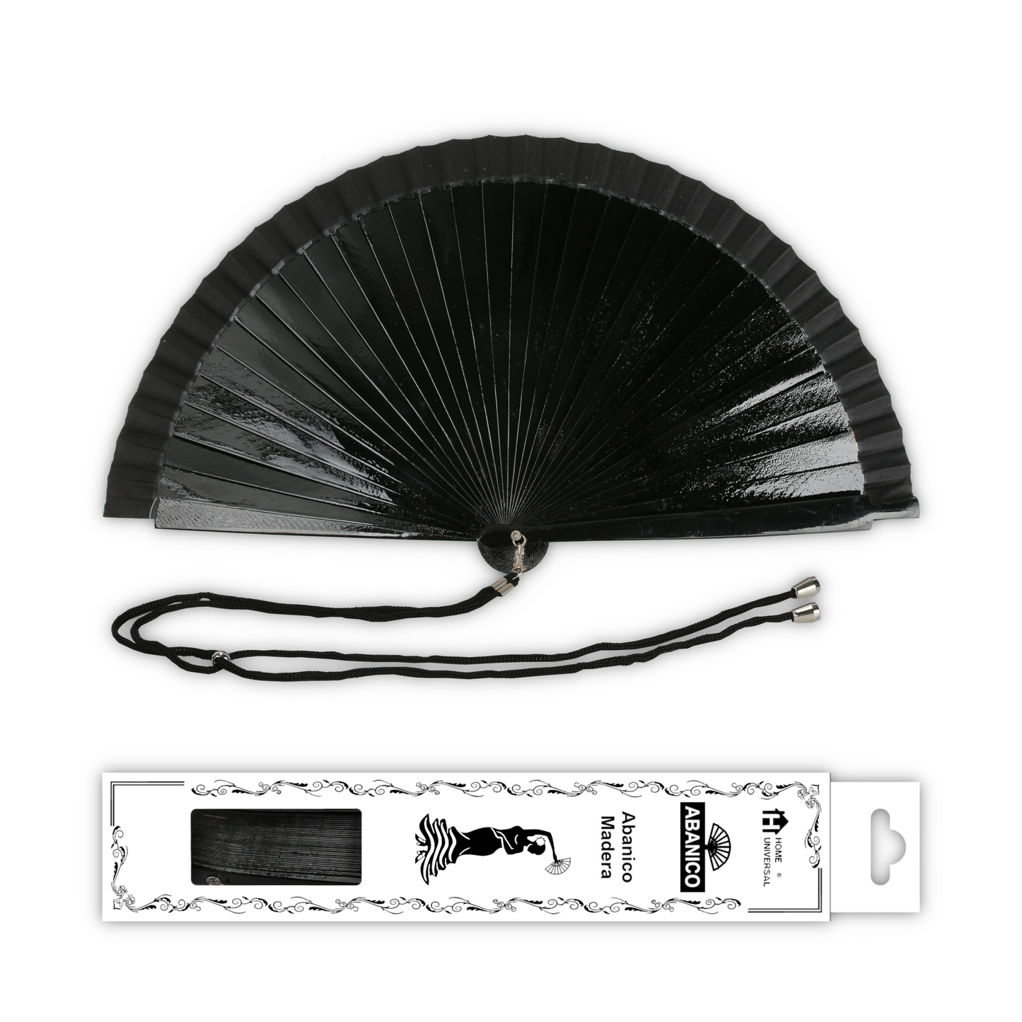 Home Universal® Pack de 1/2 Abanicos de Madera Lacados, Disponibles en Varios Colores y Tamaños, Abanico Flamenco Español para Bodas, Ferias, Fiestas, Comuniones y Eventos (23 cm, Negro)