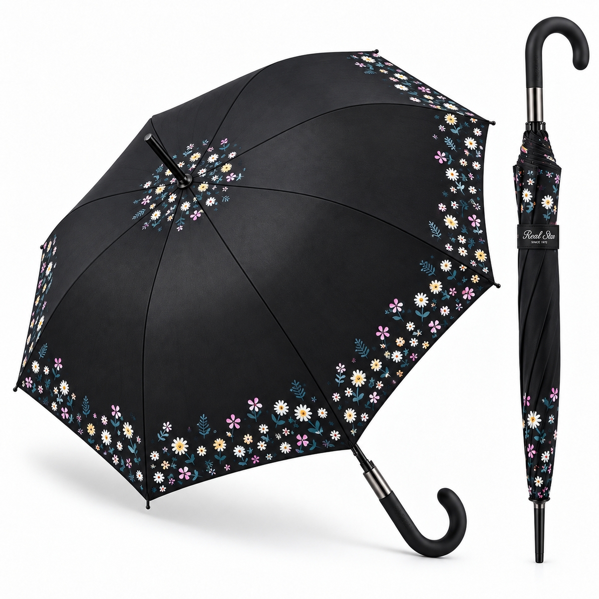 Home Universal® Paraguas Grande Semiautomático, Paraguas Largo Resistente al Viento con Mango Curvo para Mujer y Hombre (Noche Floral)