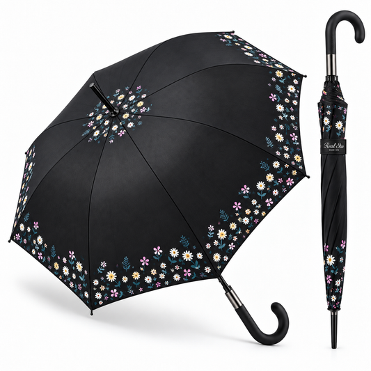 Home Universal® Paraguas Grande Semiautomático, Paraguas Largo Resistente al Viento con Mango Curvo para Mujer y Hombre (Noche Floral)