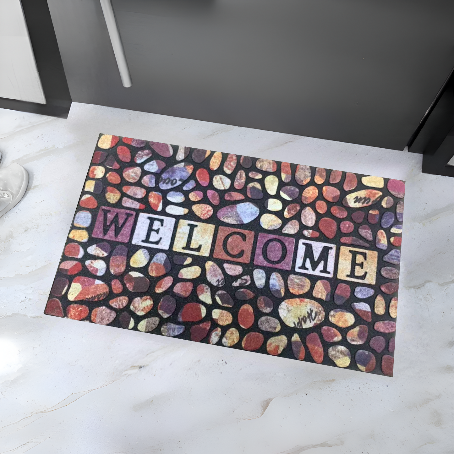 Home Universal® Felpudo de Goma Antideslizante para Exterior y interior – Resistente a Lluvia y Barro, Limpia Zapatos, Alta Durabilidad – Varias Medidas, 40X60CM, WELCOME (Piedra Colorida)