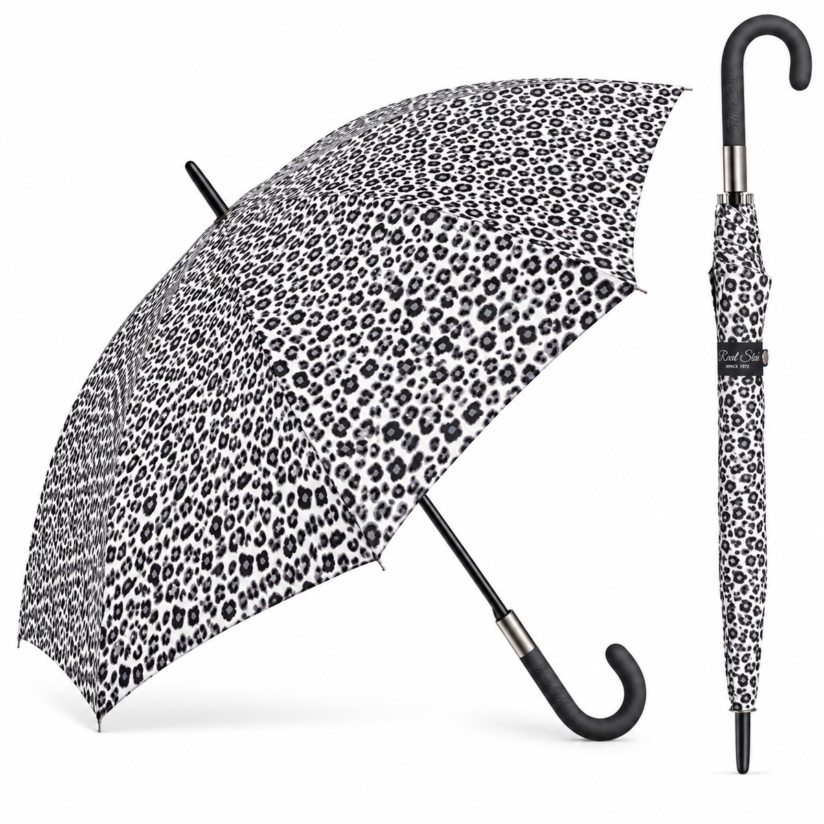 Home Universal® Paraguas Grande Semiautomático, Paraguas Largo Resistente al Viento con Mango Curvo para Mujer y Hombre (Leopardo Blanco Negro)