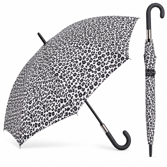 Home Universal® Paraguas Grande Semiautomático, Paraguas Largo Resistente al Viento con Mango Curvo para Mujer y Hombre (Leopardo Blanco Negro)