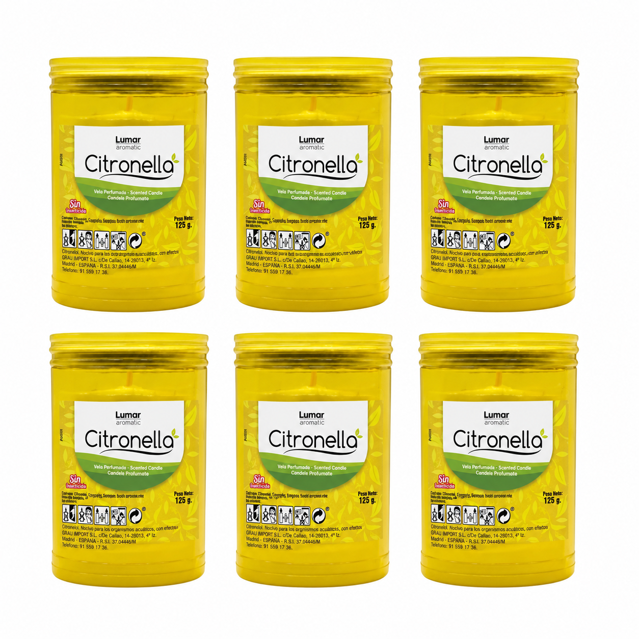 Lumar Citronela – Velas Antimosquitos para Exterior, Jardín, Terraza y Balcón | Protección Natural contra Mosquitos para Verano - Citronela Bote Plástico (6 Unidades)