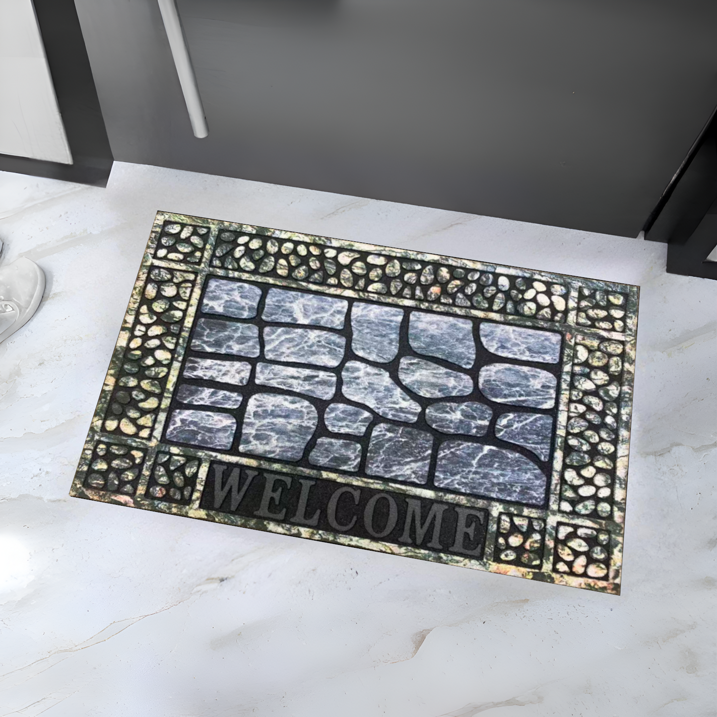 Home Universal® Felpudo de Goma Antideslizante para Exterior y interior – Resistente a Lluvia y Barro, Limpia Zapatos, Alta Durabilidad – Varias Medidas, 40X60CM, WELCOME (Lajas Grises con Marco)