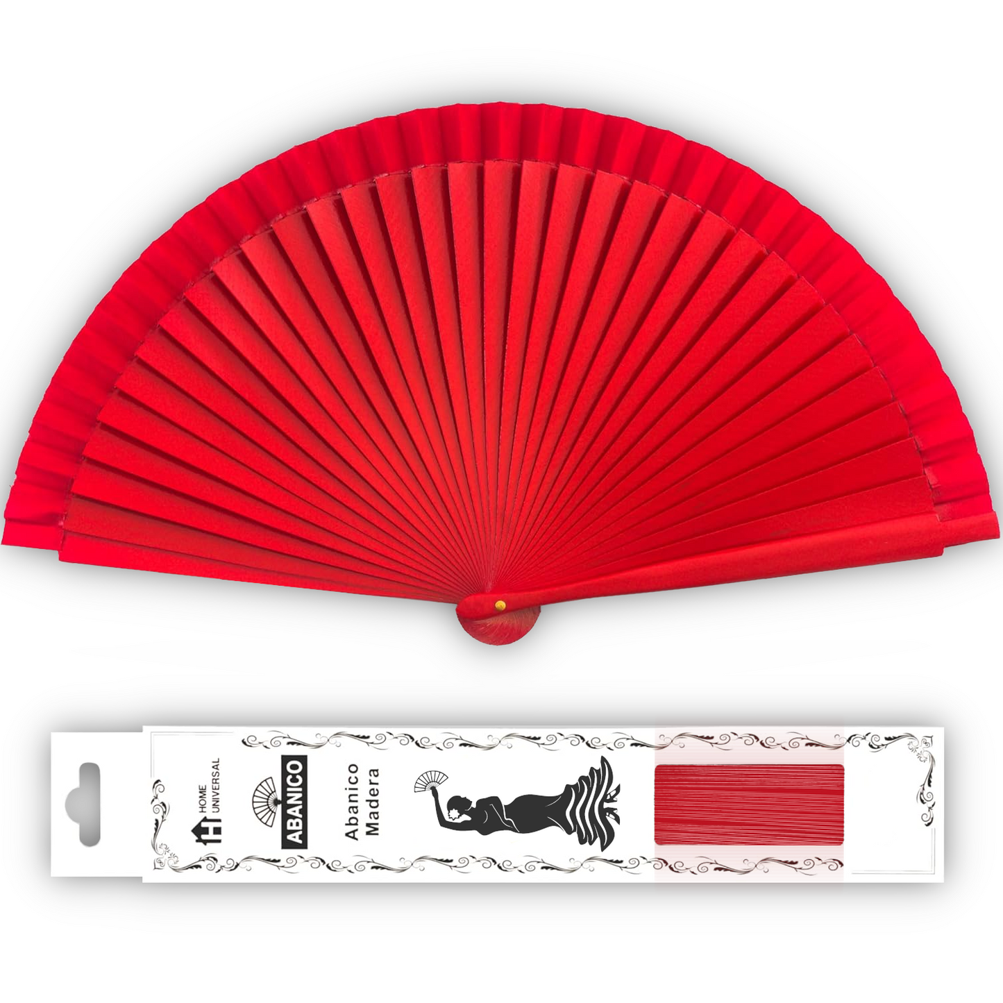 Home Universal ® Abanico Madera Español con Tela Lisa 23cm, Detalles para los Invitados, Regalos de Boda, Fiestas, Comuniones y Otros Eventos (Rojo)