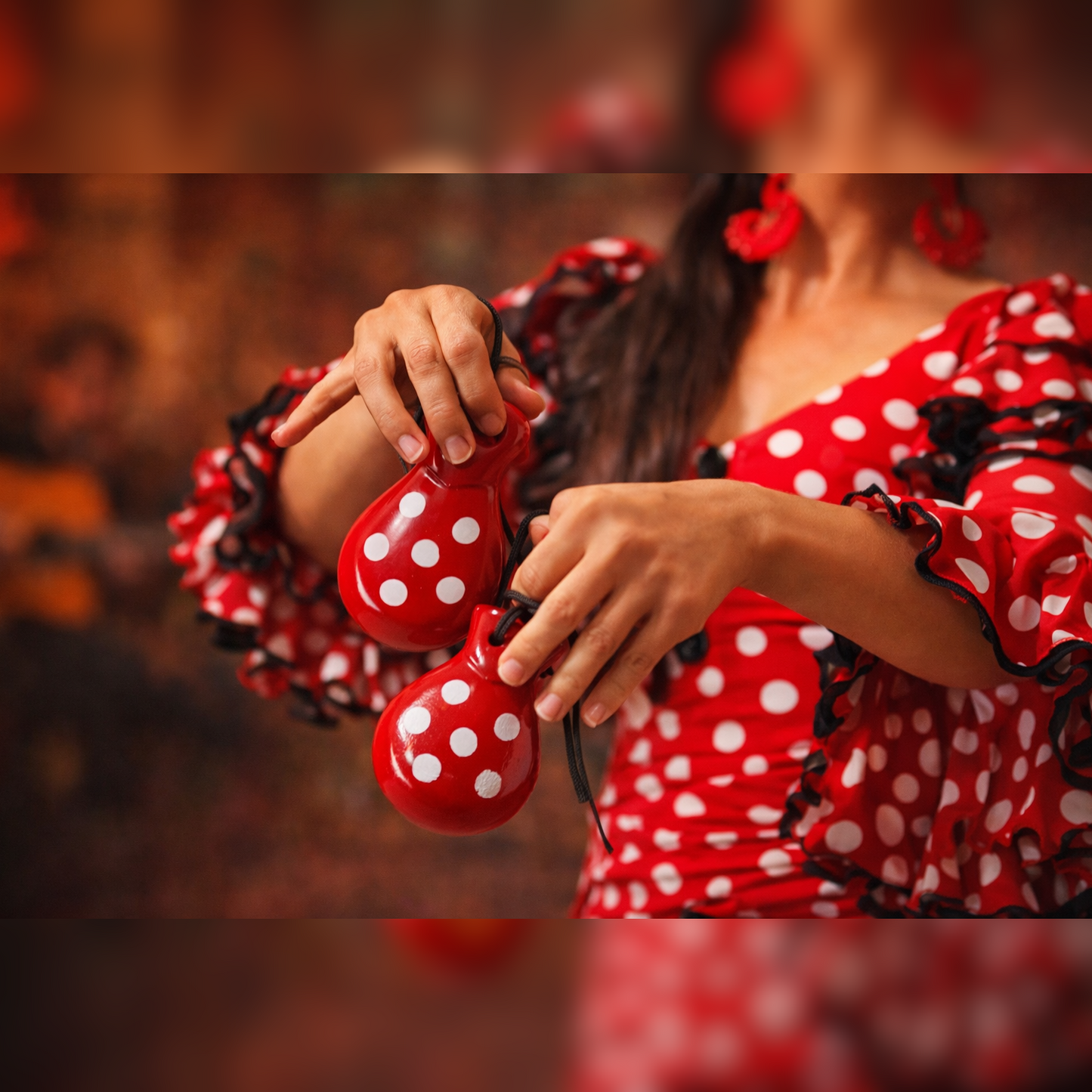 Home Universal® Castañuelas Flamencas Rojas con Lunares, Castañuelas Españolas para Baile de Flamenco,Sonido Tradicional,Ideales para Fiestas de Sevilla, Ferias, Disfraces y Eventos Españoles,2 Piezas (Lunar · Negro con Punto Blanco)