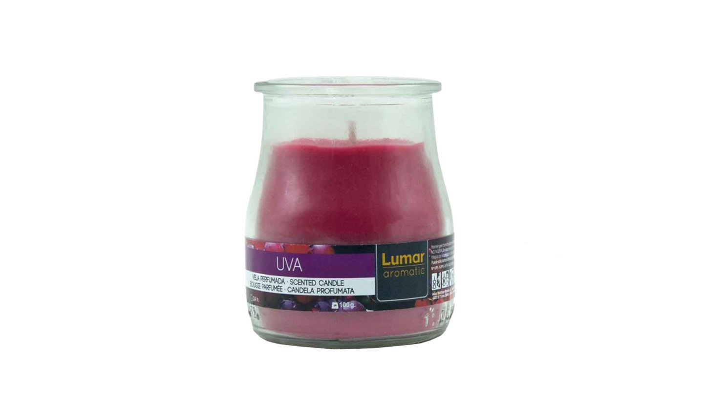 Home Universal® Pack de 3/6/12 Velas Aromáticas en Vaso de Cristal Reciclable LUMAR AROMATIC – 24h de Duración por Vela – Cera Vegetal Perfumada – 16 Fragancias Disponibles – Fabricadas en España – 7x6cm (Uva)
