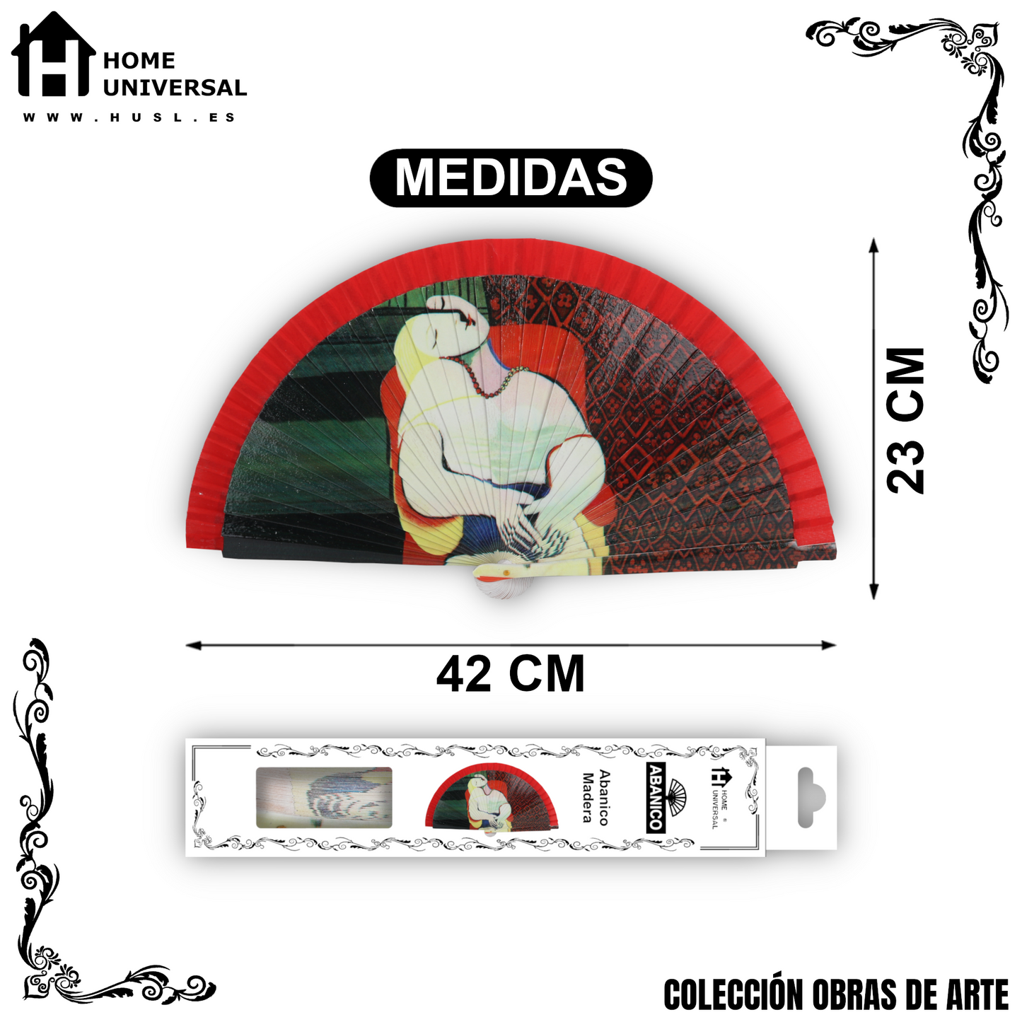 Home Universal®  Abanico 23CM DE Madera Lisa con Tela de Marfil, Abanico de Madera Adornado, Abanico Original - El sueño (Le Rêve) de Pablo Picasso