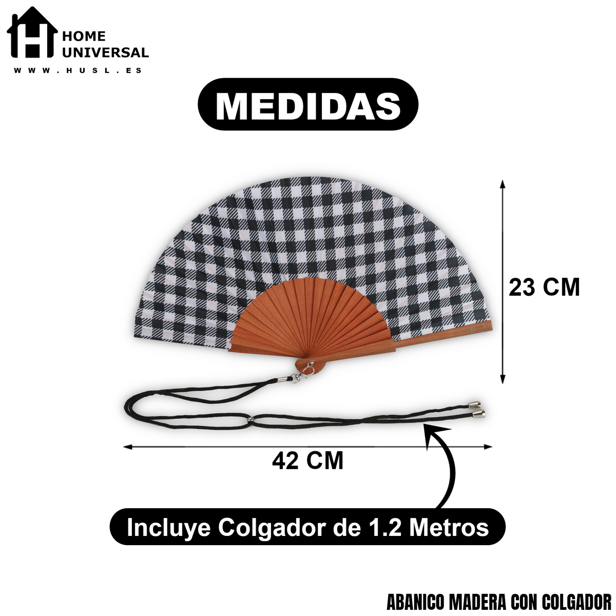 Home Universal® Abanico de Madera con Tela 23 cm, Abanico Plegable de Mano con Cordón, Ligero y Portátil para Verano, Bodas, Ferias y Fiestas (Vichy Negro)