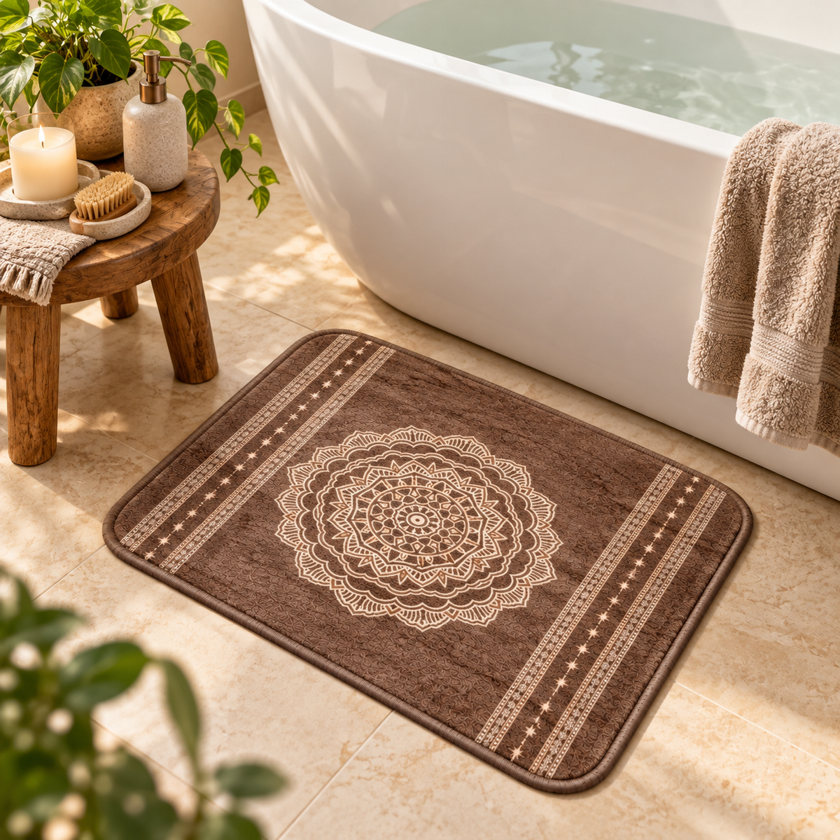 Home Universal® 2 Alfombras de Baño Absorbentes y Antideslizantes, Alfombrillas Suaves con Base de Goma, Lavables a Máquina, para Ducha, Bañera y Lavabo (Mandala Marrón, 40 x 60 cm (Rectangular))