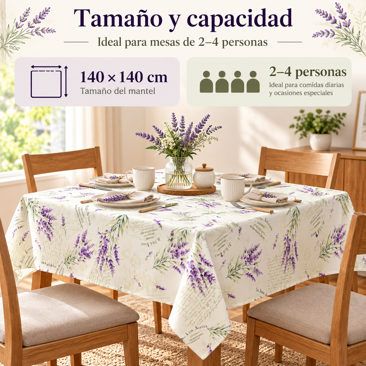 Home Universal® Mantel de Mesa Impermeable y Antimanchas, Tejido de Loneta con Efecto Lino , Liso o Estampado, para Cocina y Comedor (Lavanda)
