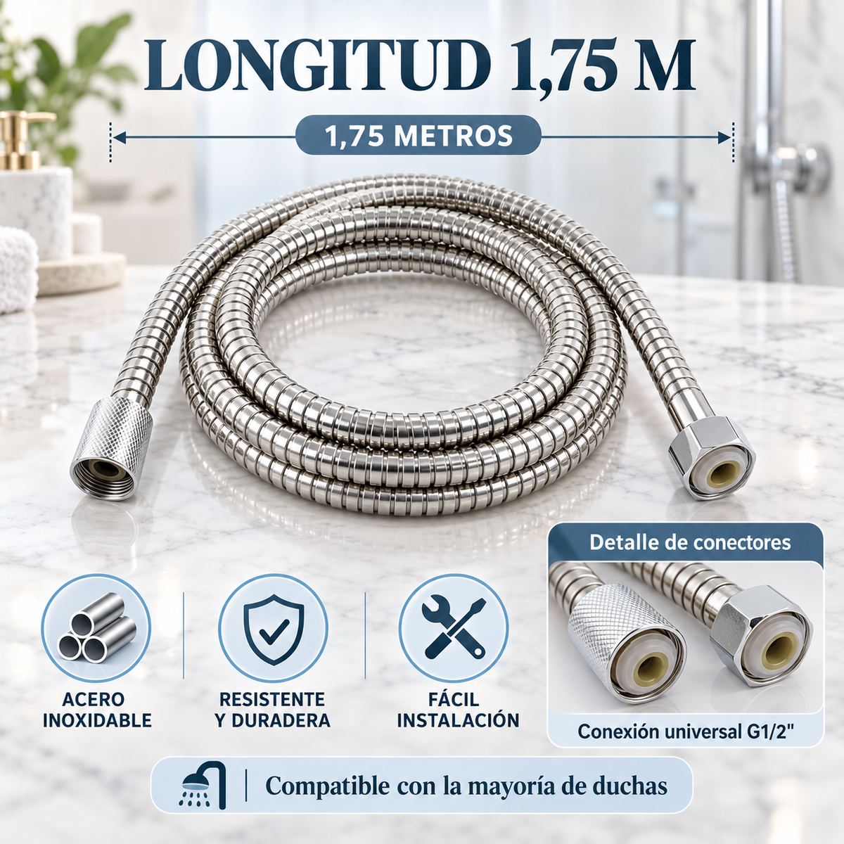 Home Universal® Manguera de Ducha Universal G1/2 – Flexible, Antienredos y Fácil de Instalar, Compatible con la Mayoría de Duchas (Plata Acero (1.75m))