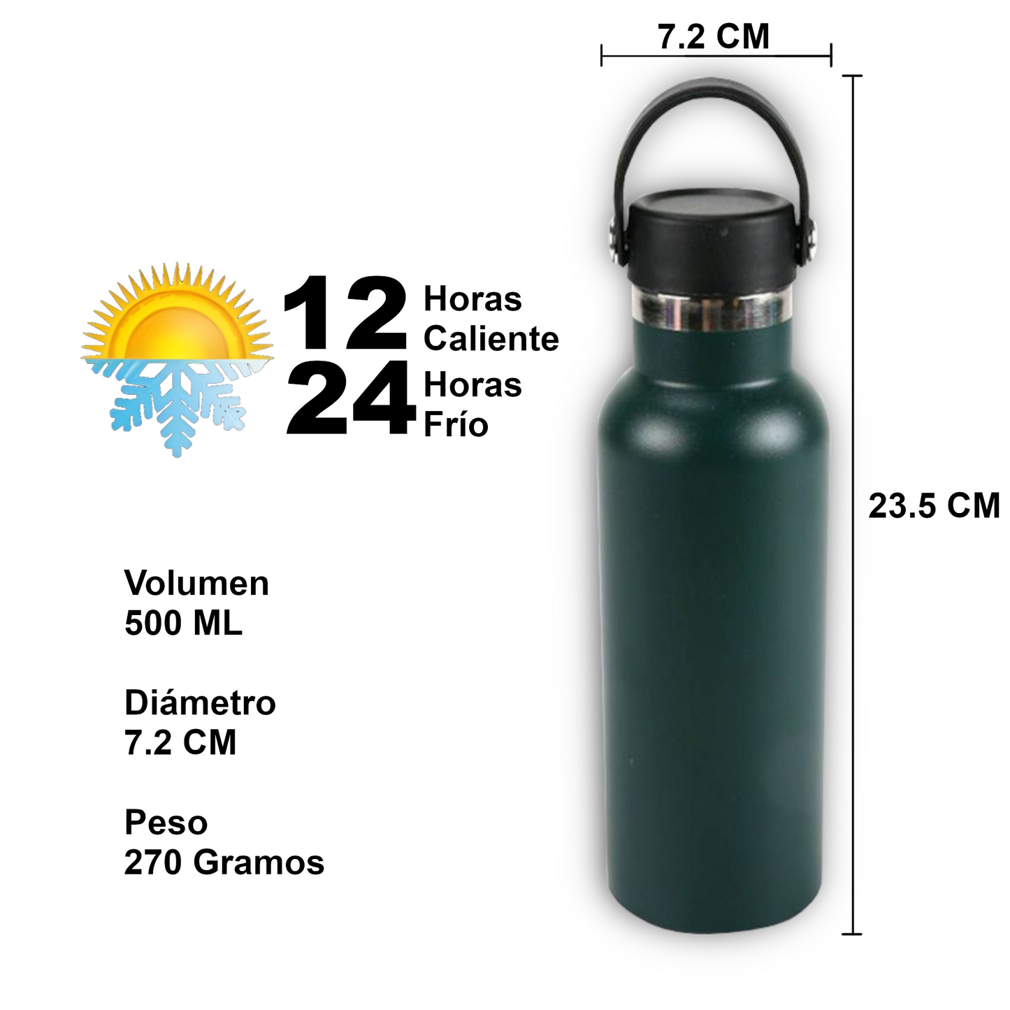 Home Universal® Botella Térmica 500ml de Acero Inoxidable | 12h y Frías 24h | Doble Pared | Mantiene Frío y Caliente por Horas | Antiderrames, Ligera e Ideal para Deporte, Oficina y Viajes - (Verde Oscuro)