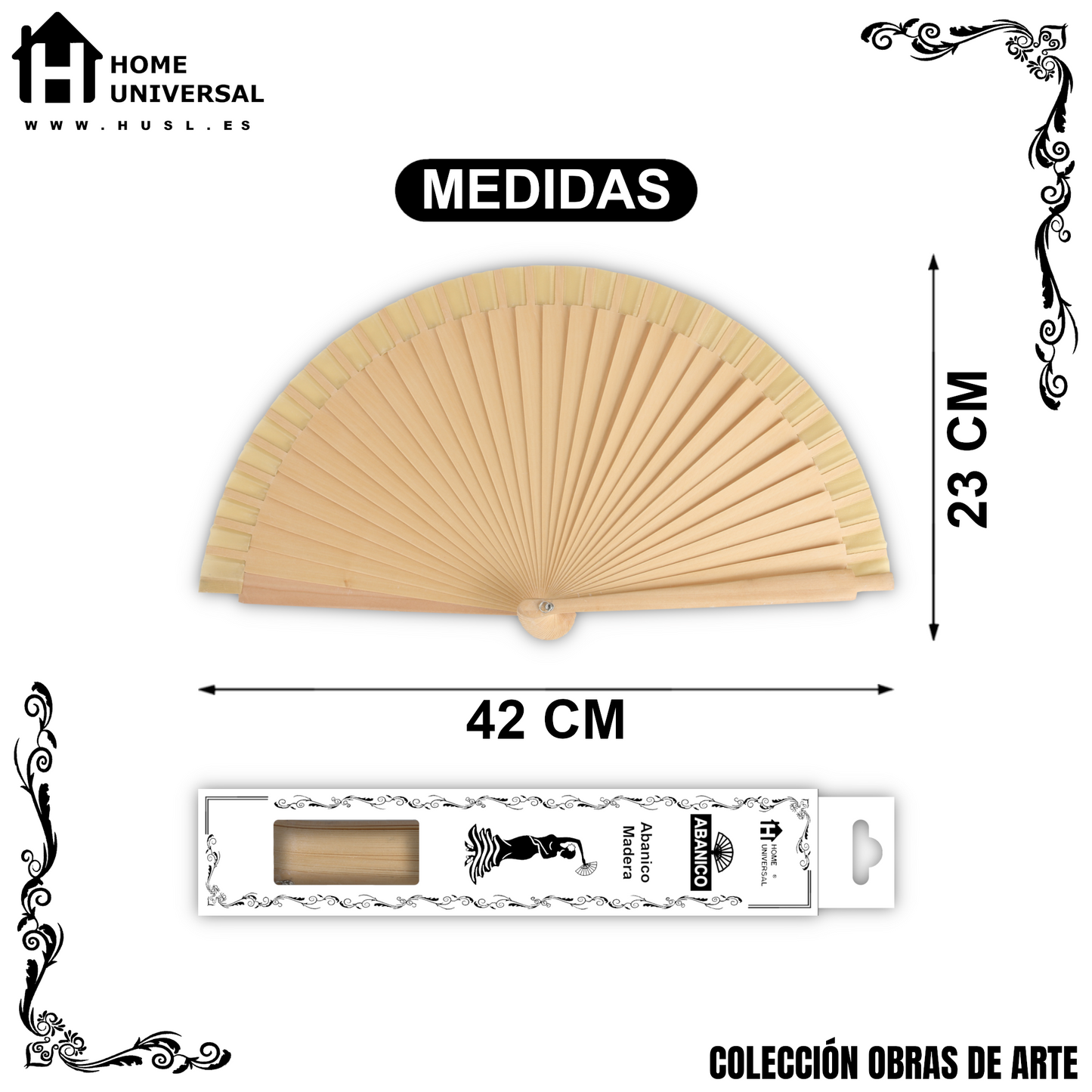 Home Universal®  Abanico 23CM DE Madera Lisa con Tela de Marfil, Abanico de Madera Adornado, Abanico Original - Natural (Liso)