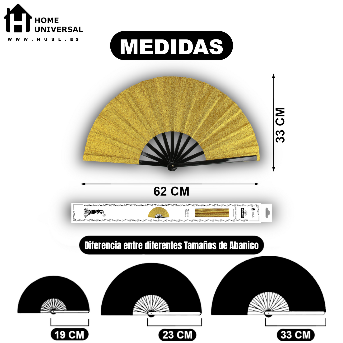 Home Universal® Abanico XXL 33 cm Grande de Plástico con Caja – Plegable, Ligero y Resistente – Efecto Fluorescente Brillante – Ideal para Verano, Fiesta, Discoteca, Pride y Eventos - Dorado (Purpurina)