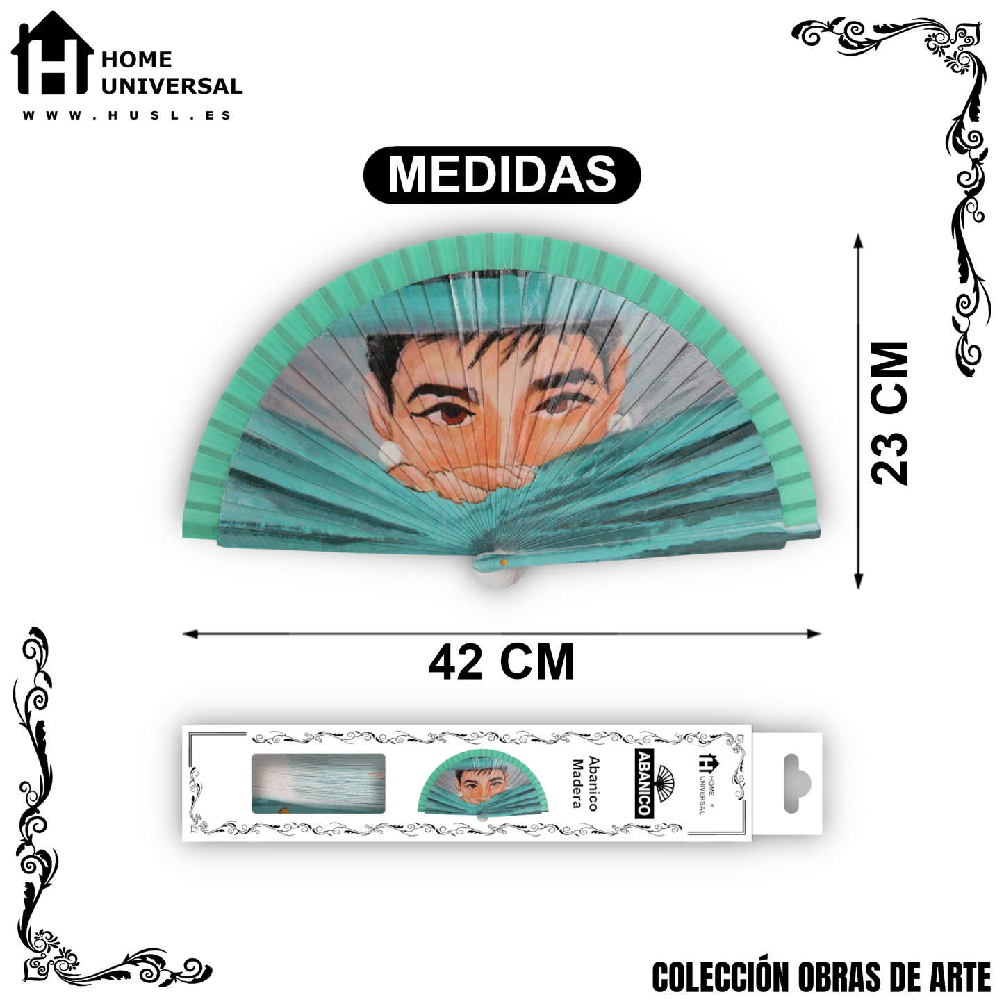 Home Universal®  Abanico 23CM DE Madera Lisa con Tela de Marfil, Abanico de Madera Adornado, Abanico Original - Audrey Hepburn (Dibujo Artístico)