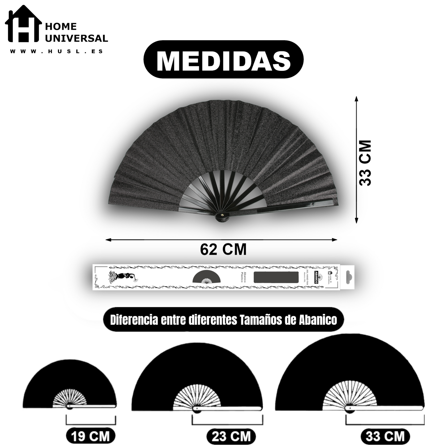 Home Universal® Abanico XXL 33 cm Grande de Plástico con Caja – Plegable, Ligero y Resistente – Efecto Fluorescente Brillante – Ideal para Verano, Fiesta, Discoteca, Pride y Eventos - Negro (Purpurina)
