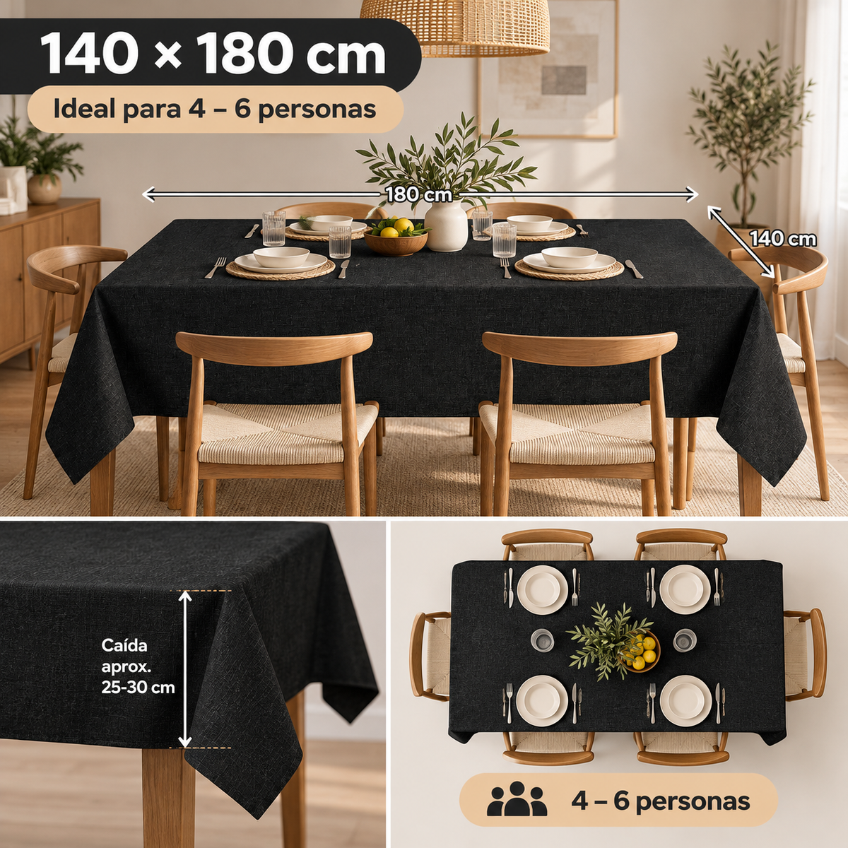 Home Universal® Mantel de Mesa Impermeable y Antimanchas, Tejido de Loneta con Efecto Lino , Liso o Estampado, para Cocina y Comedor (Negro Liso)