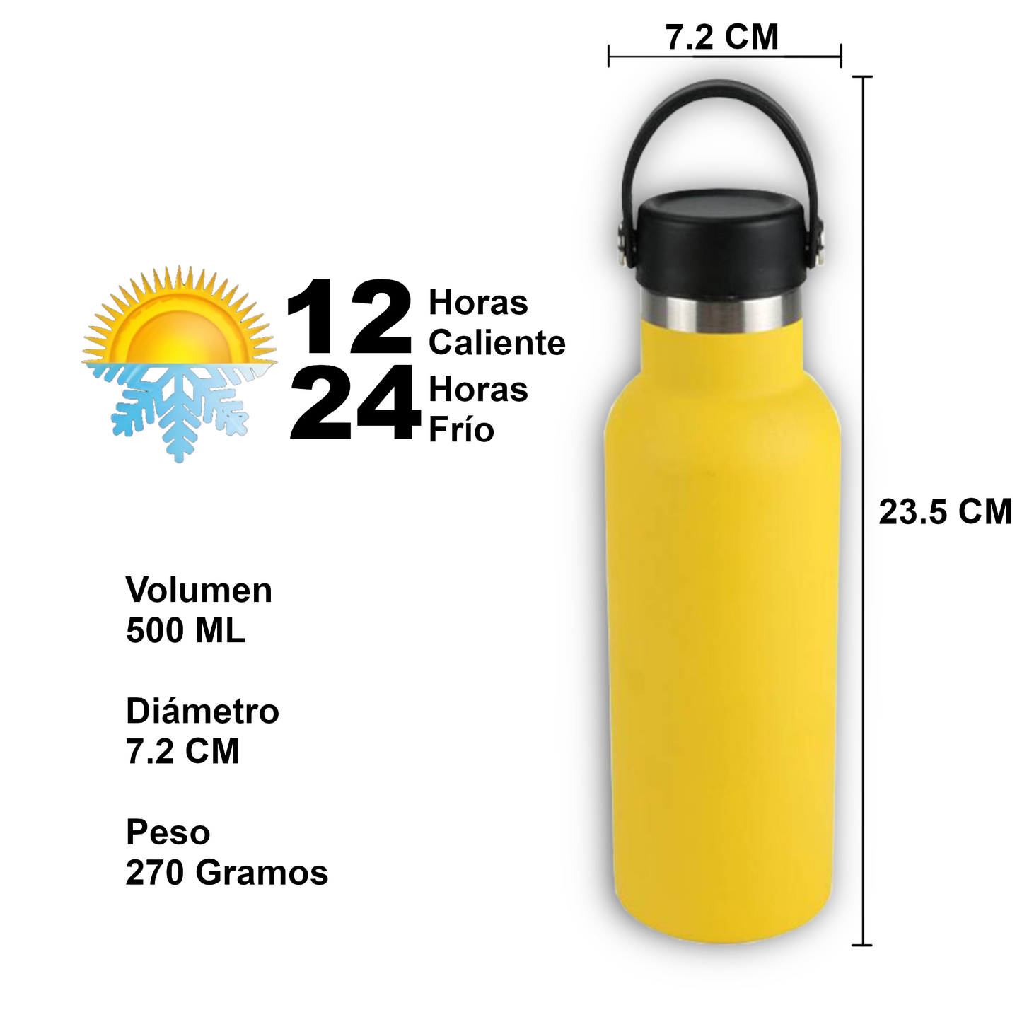 Home Universal® Botella Térmica 500ml de Acero Inoxidable | 12h y Frías 24h | Doble Pared | Mantiene Frío y Caliente por Horas | Antiderrames, Ligera e Ideal para Deporte, Oficina y Viajes - (Amarillo)
