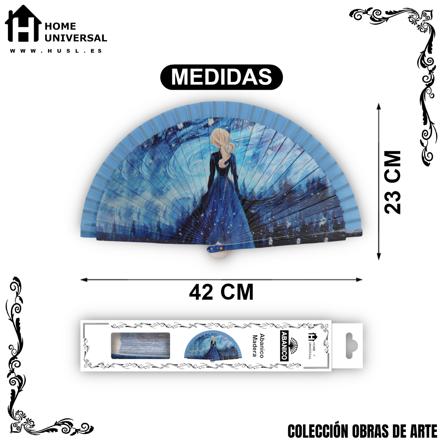 Home Universal®  Abanico 23CM DE Madera Lisa con Tela de Marfil, Abanico de Madera Adornado, Abanico Original - Elsa de Frozen (Dibujo Artístico)